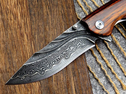 Engraved VG10 Damascus Folding Knife | Personalized Pocket Knife | Rose Wood Handle Knife | Wedding Husband Anniversary Father Gift | VP15