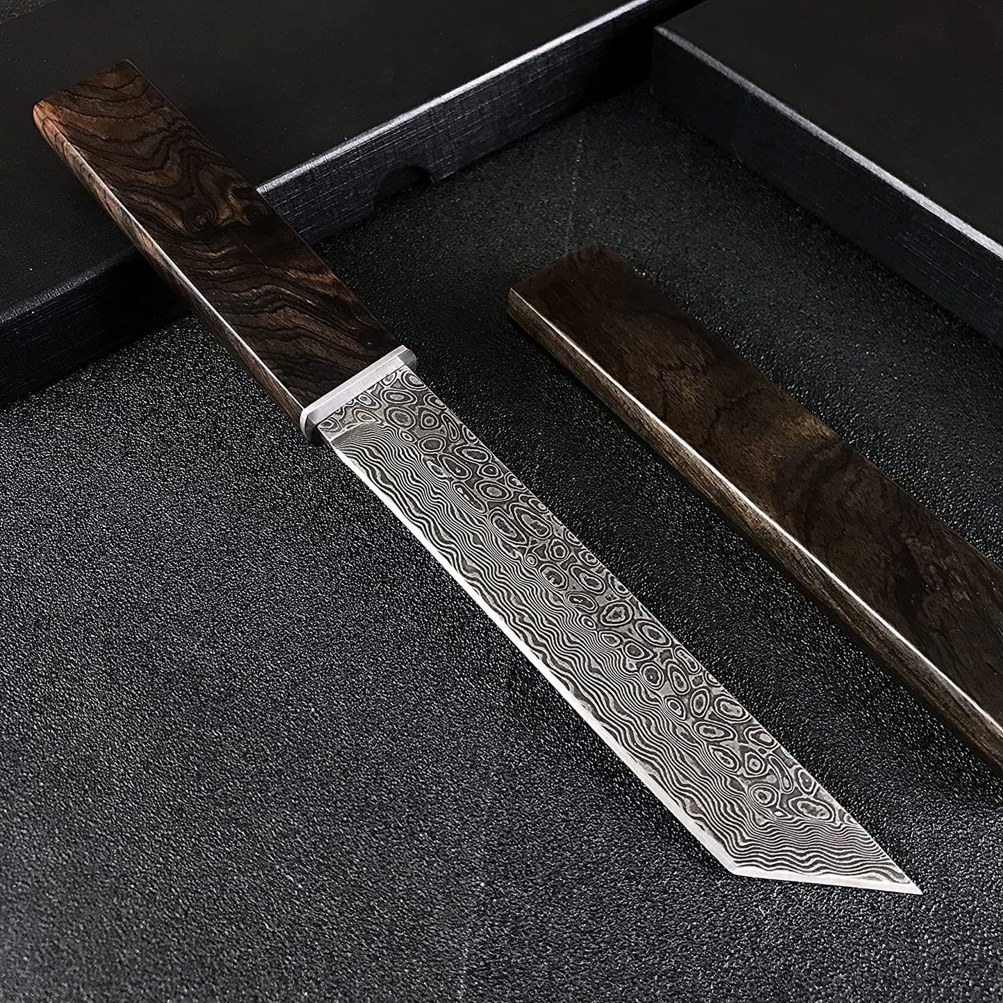 Engraved VG10 Damascus Hunting Knife, Ebony Wood Handle, Personalized Fixed Blade Knife, Personal Engraving Gift Custom Father Dad VE03
