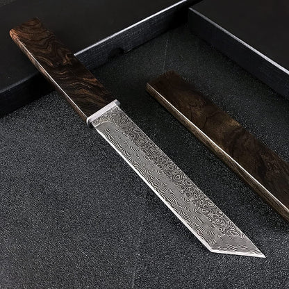 Engraved VG10 Damascus Hunting Knife, Ebony Wood Handle, Personalized Fixed Blade Knife, Personal Engraving Gift Custom Father Dad VE03