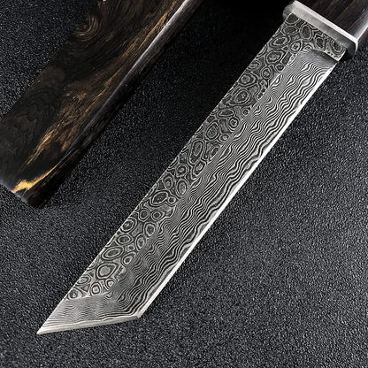 Engraved VG10 Damascus Hunting Knife, Ebony Wood Handle, Personalized Fixed Blade Knife, Personal Engraving Gift Custom Father Dad VE03