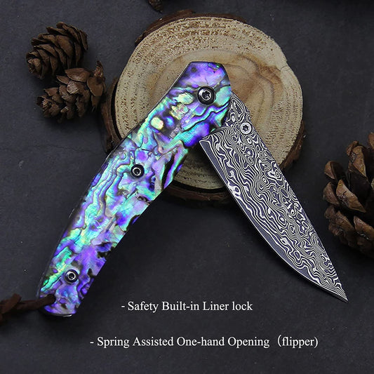 Damascus Pocket Knife Abalone Shell Handle