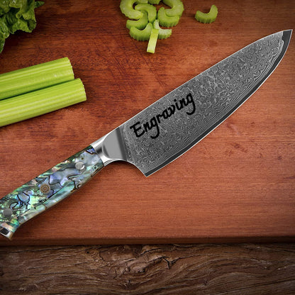 Engraved 8" Damascus VG10 Chef Knife Abalone Shell Handle