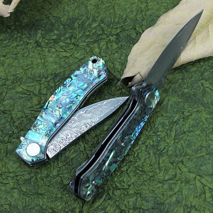 Abalone Shell Handle Damascus Pocket Knife