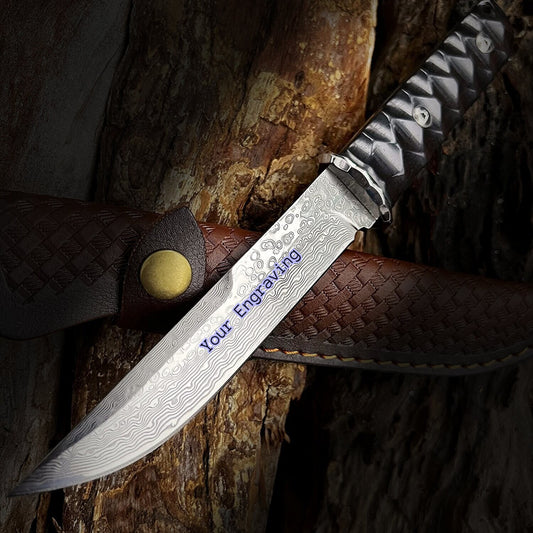 Engraved VG10 Damascus Hunting Knife, Ebony Wood Handle, Personalized Fixed Blade Knife, Personal Engraving Gift Custom Father Dad VE04