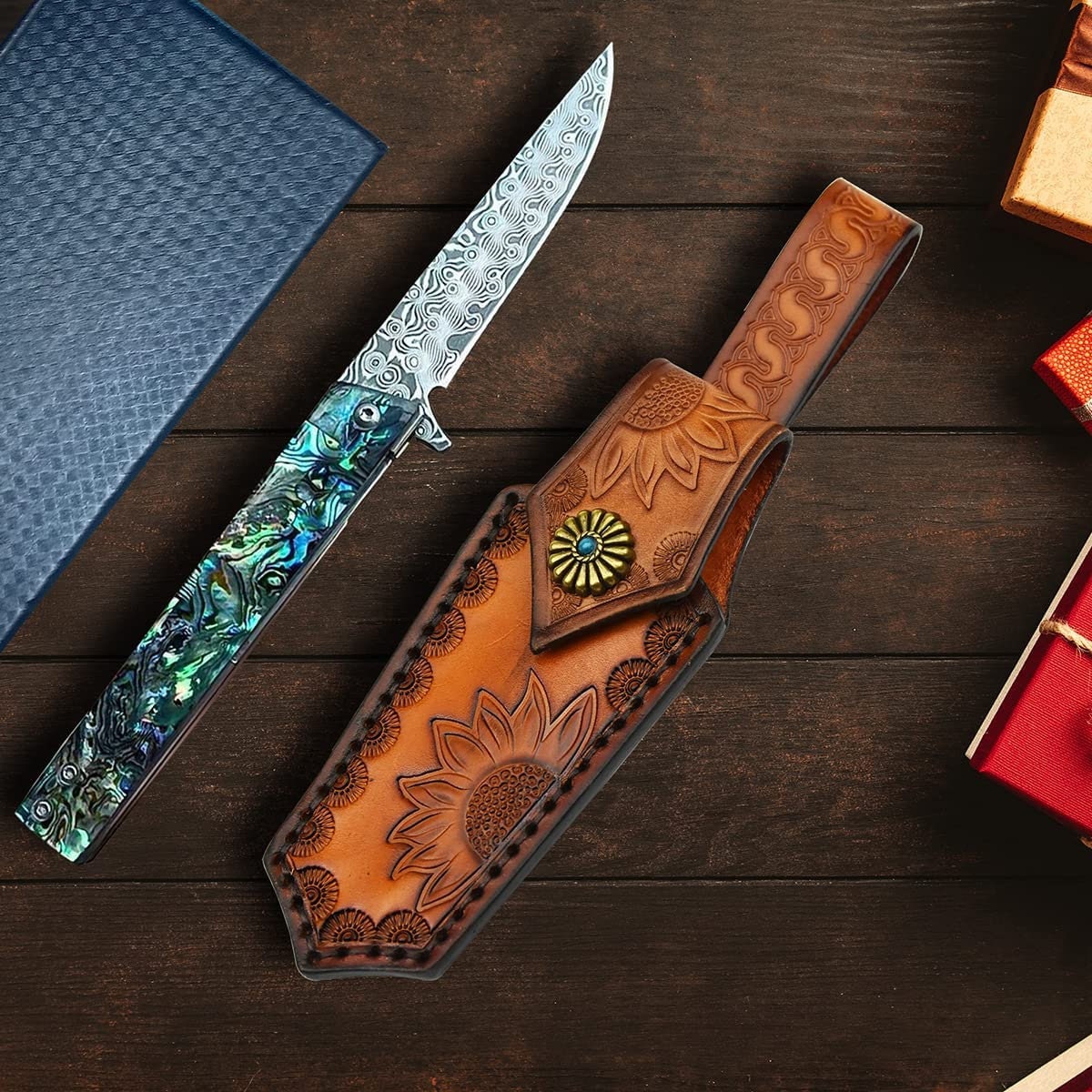 Abalone Damascus Pocket Knife, Personalized Engraving VG10 Blade, Engraved Folding Knife, Wedding Anniversary Groomsmen Gift | VP29