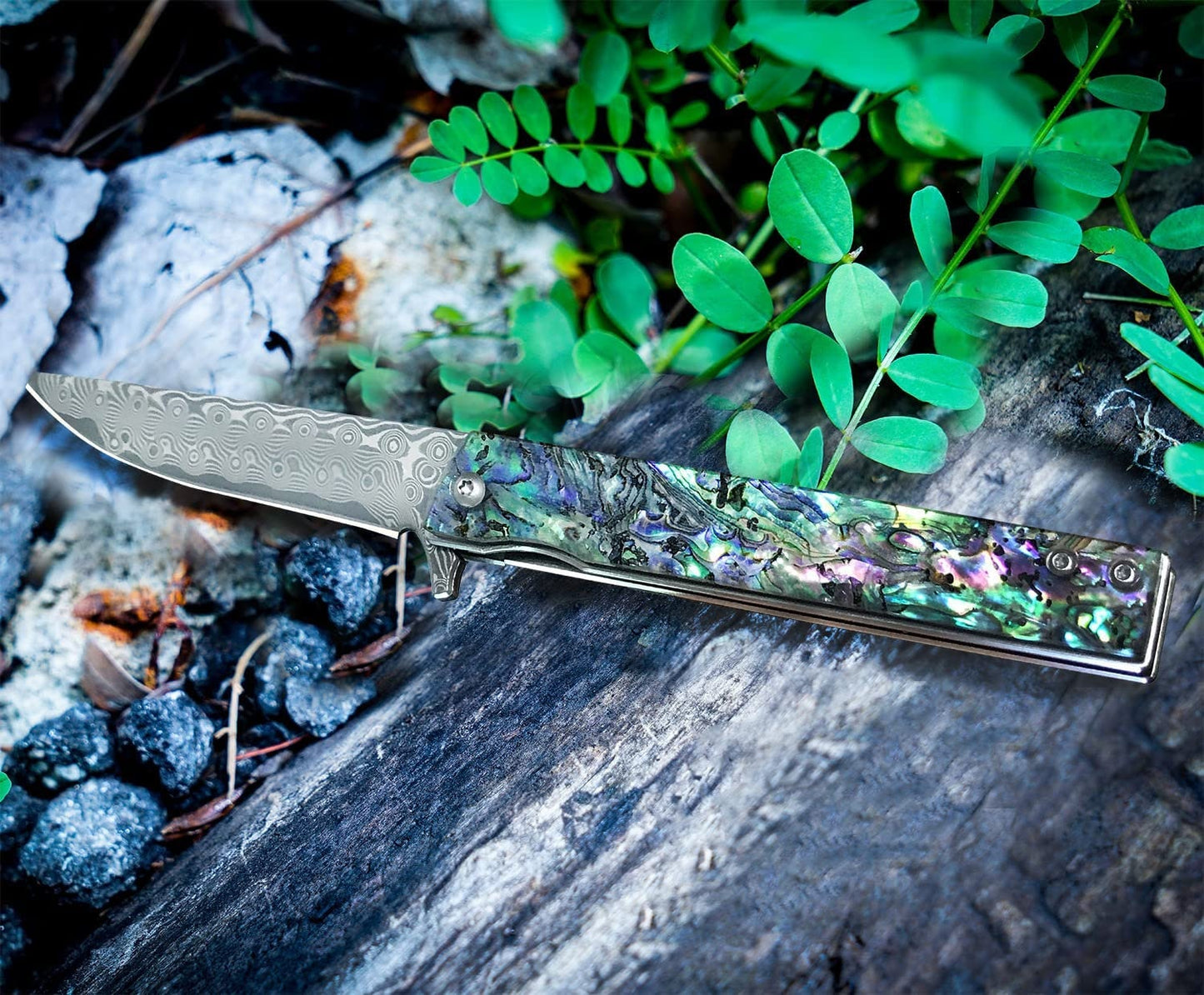 Abalone Damascus Pocket Knife, Personalized Engraving VG10 Blade, Engraved Folding Knife, Wedding Anniversary Groomsmen Gift | VP29