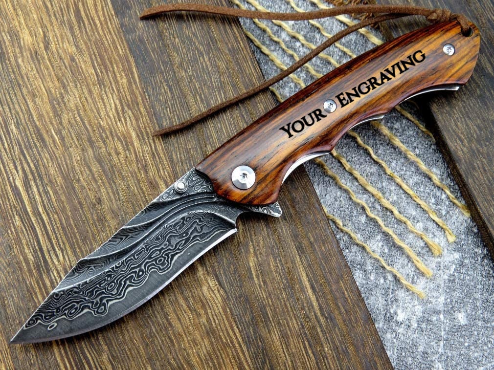 Engraved VG10 Damascus Folding Knife | Personalized Pocket Knife | Rose Wood Handle Knife | Wedding Husband Anniversary Father Gift | VP15