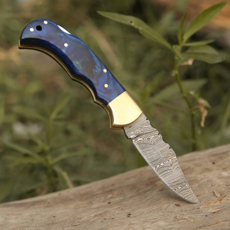 Damascus Folding Knife 6.5" Blue Pakka Wood Handle