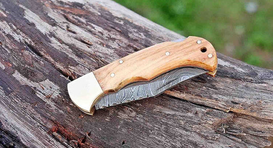 Damascus Pocket Knife Olive Wood Handle Personalized Gift Folding Knife Groomsmen Gift Anniversary Wedding Handmade Birthday Gift for Him
