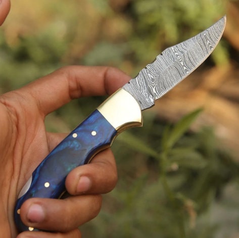 Damascus Folding Knife 6.5" Blue Pakka Wood Handle