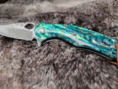 Abalone Damascus Folding Knife, Engraved VG10 Pocket Knife Gift, Personalized Knives Groomsmen Gifts, Wedding Anniversary Husband | VP104