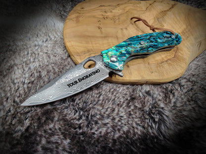 Abalone Damascus Folding Knife, Engraved VG10 Pocket Knife Gift, Personalized Knives Groomsmen Gifts, Wedding Anniversary Husband | VP104