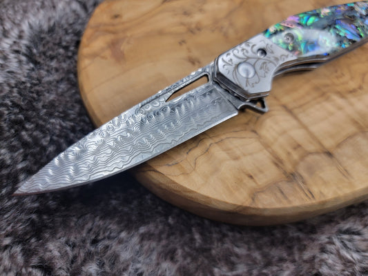 Damascus Pocket Knife Engraved Gift, Personalized Folding Knives, Engraving Gift For Him, Wedding Groomsmen Gift, Husband Anniversary VP115