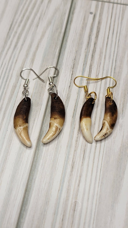 Antiqued Coyote Tooth Earrings - Handmade Boho Chic Jewelry, Artisan Crafted Rustic Viking, Native Style Earpieces, Unique Accessories AQCE