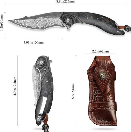 Damascus Pocket Folding Knife Gold Shred Resin Handle