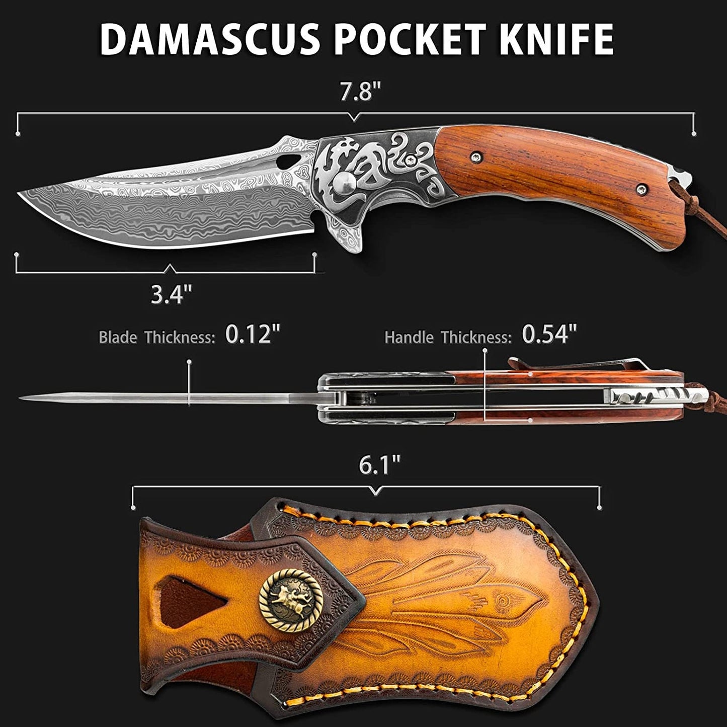 Engraved Damascus Pocket Knife, Personalized Olive Wood Handle, Folding Knife Dragon Bolster, Wedding Anniversary Groomsmen Gift VP84