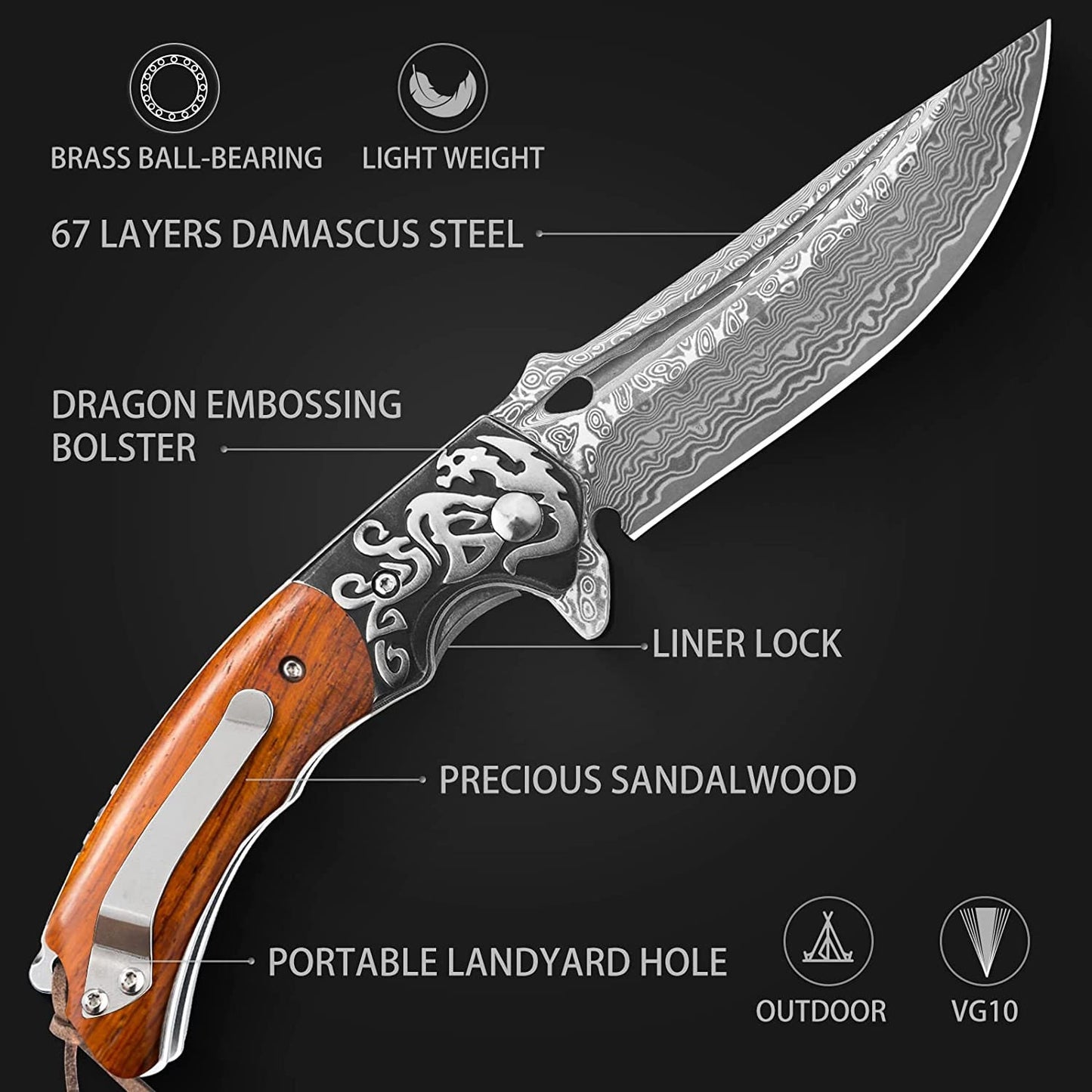 Engraved Damascus Pocket Knife, Personalized Olive Wood Handle, Folding Knife Dragon Bolster, Wedding Anniversary Groomsmen Gift VP84