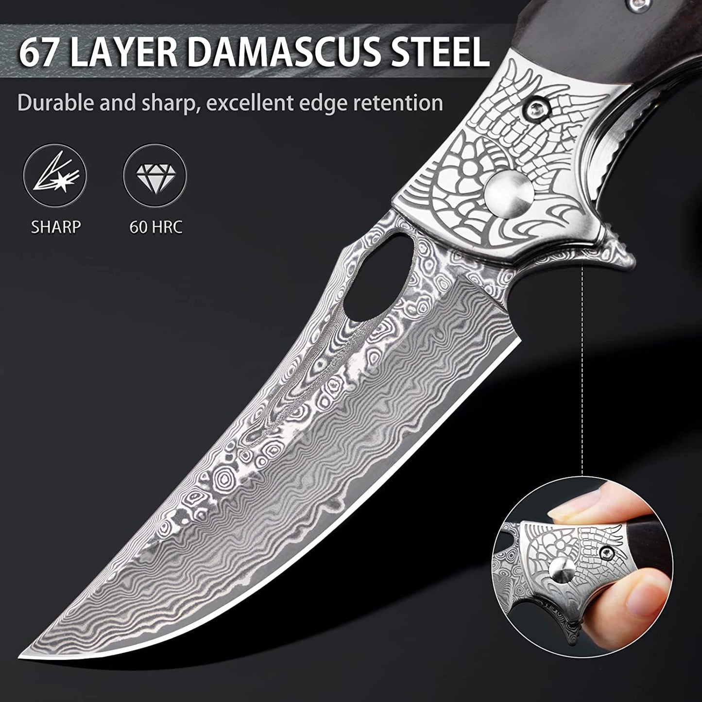 Personalized Damascus Pocket Knife Gift | Custom Engraved Damascus Folding Knife | Sandal Wood Handle Knife | Groomsmen Wedding Gift | VP82