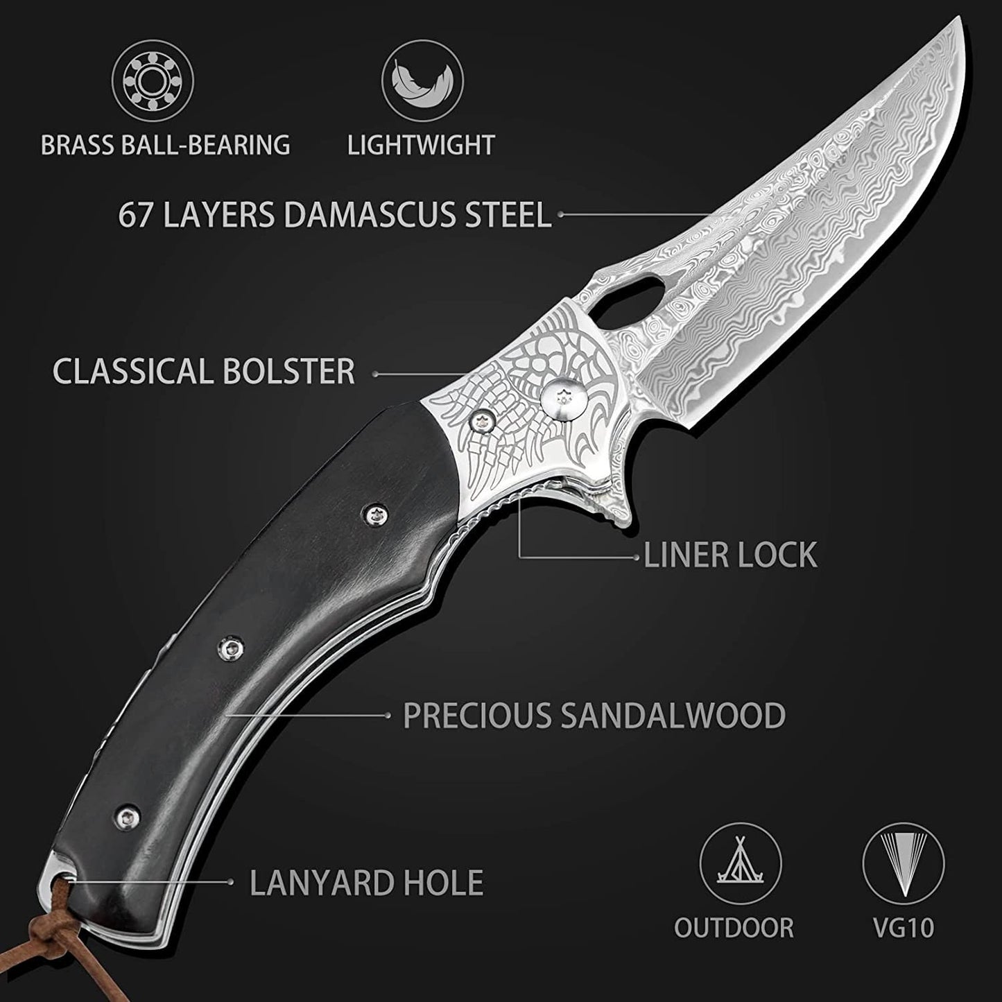 Personalized Damascus Pocket Knife Gift | Custom Engraved Damascus Folding Knife | Sandal Wood Handle Knife | Groomsmen Wedding Gift | VP82