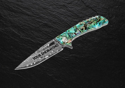 Abalone Damascus Pocket Knife, Personalized Engraved Blade, Engraving Sea Shell Folding Knife, Wedding Anniversary Groomsmen Gift VP100