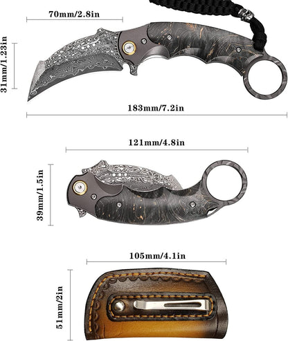Damascus Karambit Pocket Knife, Personalized Engraved VG10 Blade, Folding Knife Engraving, Wedding Anniversary Groomsmen Father Gift, VP12