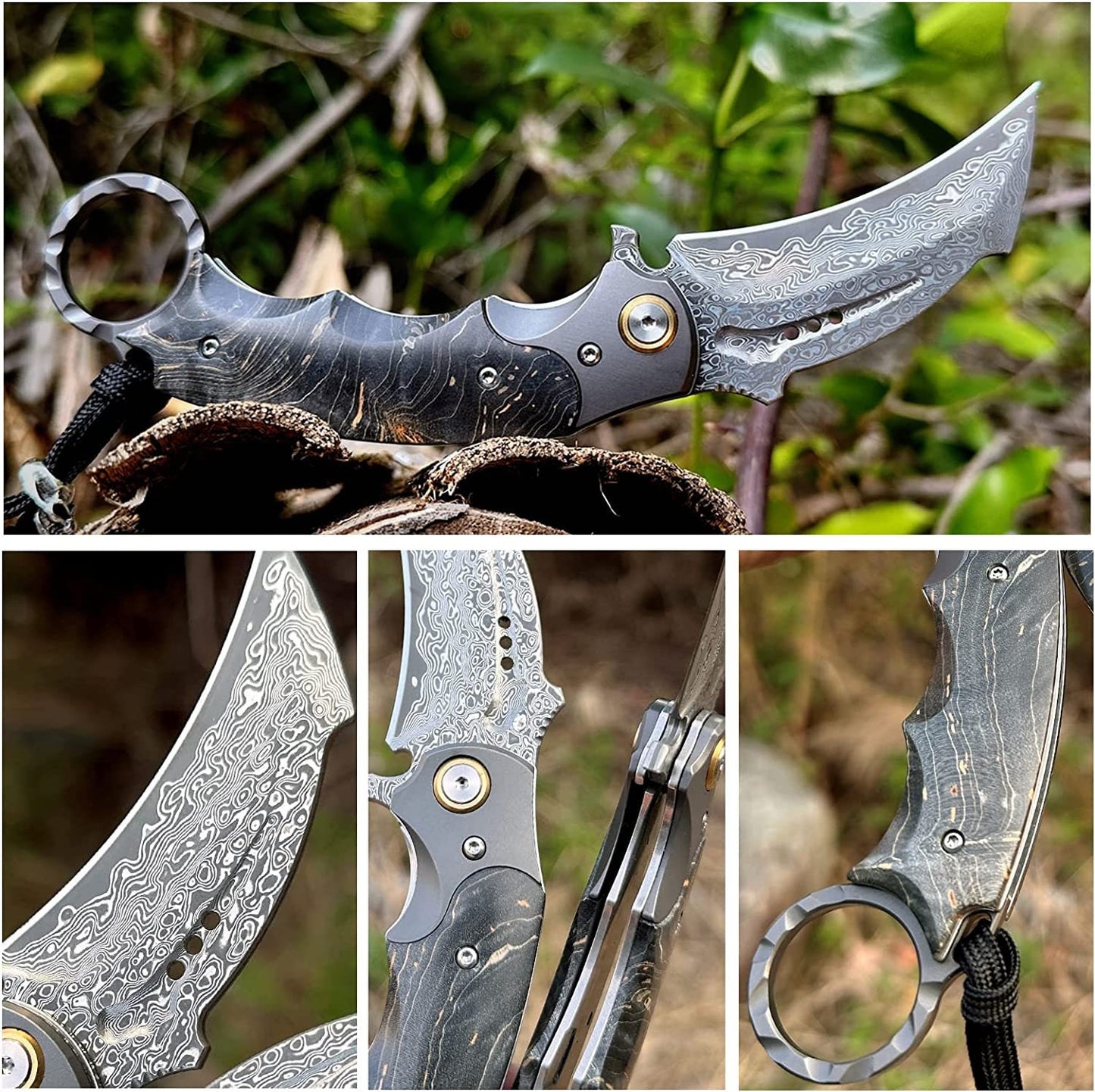 Damascus Karambit Pocket Knife, Personalized Engraved VG10 Blade, Folding Knife Engraving, Wedding Anniversary Groomsmen Father Gift, VP12