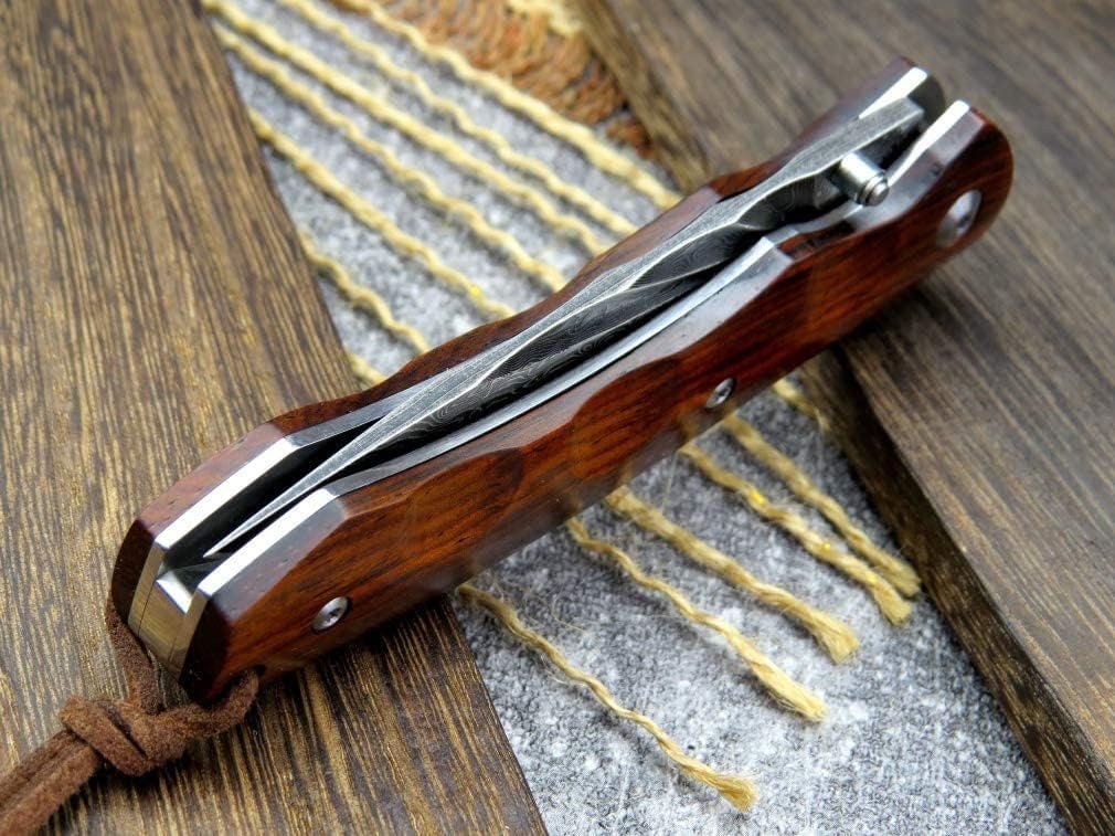 Engraved VG10 Damascus Folding Knife | Personalized Pocket Knife | Rose Wood Handle Knife | Wedding Husband Anniversary Father Gift | VP15