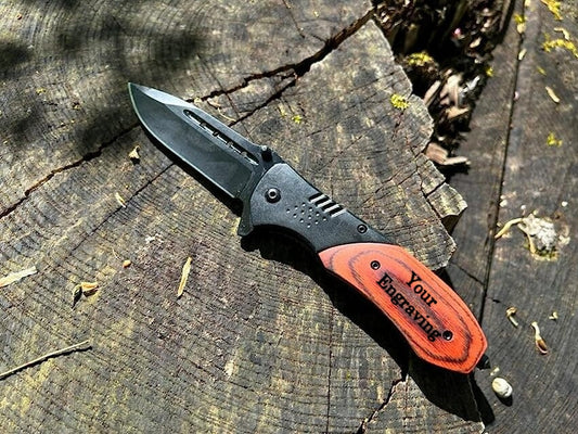 Walnut Wood Handle Pocket Knife Black Stainless Steel