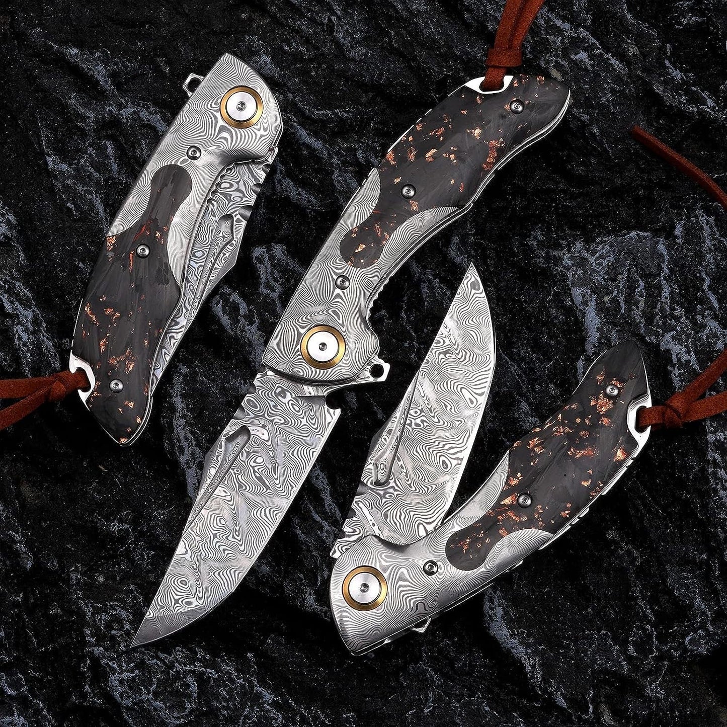 Engraved VG10 Damascus Pocket Knife, Gold Flake Carbon Fiber Handle Folding Knife, Gifts For Him Wedding Anniversary Husband Gift Dad, NR08