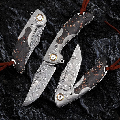 Engraved VG10 Damascus Pocket Knife, Gold Flake Carbon Fiber Handle Folding Knife, Gifts For Him Wedding Anniversary Husband Gift Dad, NR08