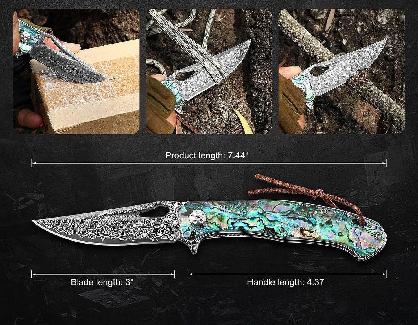 Abalone 3" Damascus Blade Folding Knife