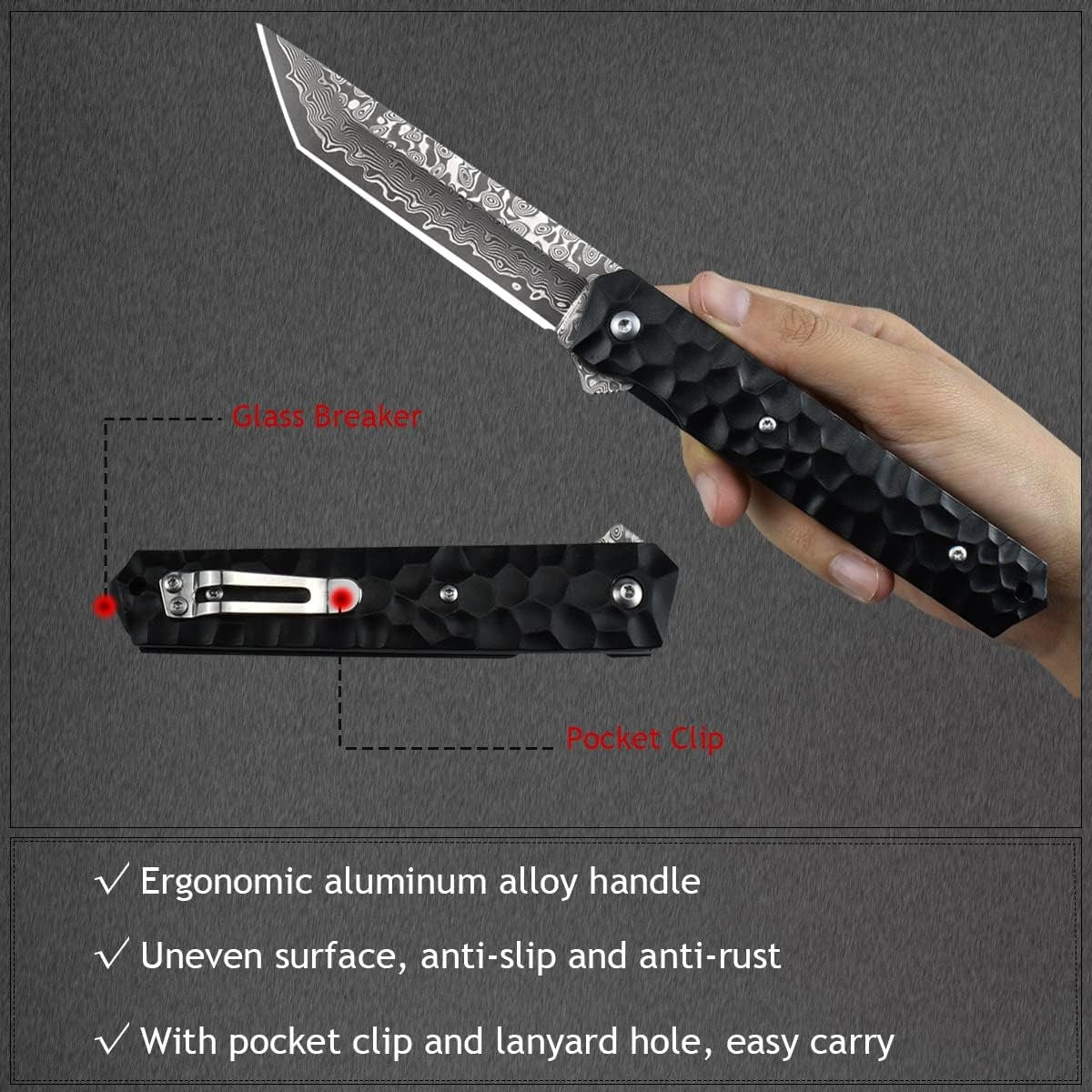 Engraved Damascus Pocket Knife, Personalized Folding Knife, Aluminum Alloy Handle Knife, Wedding Anniversary Father Husband Gift | NR29