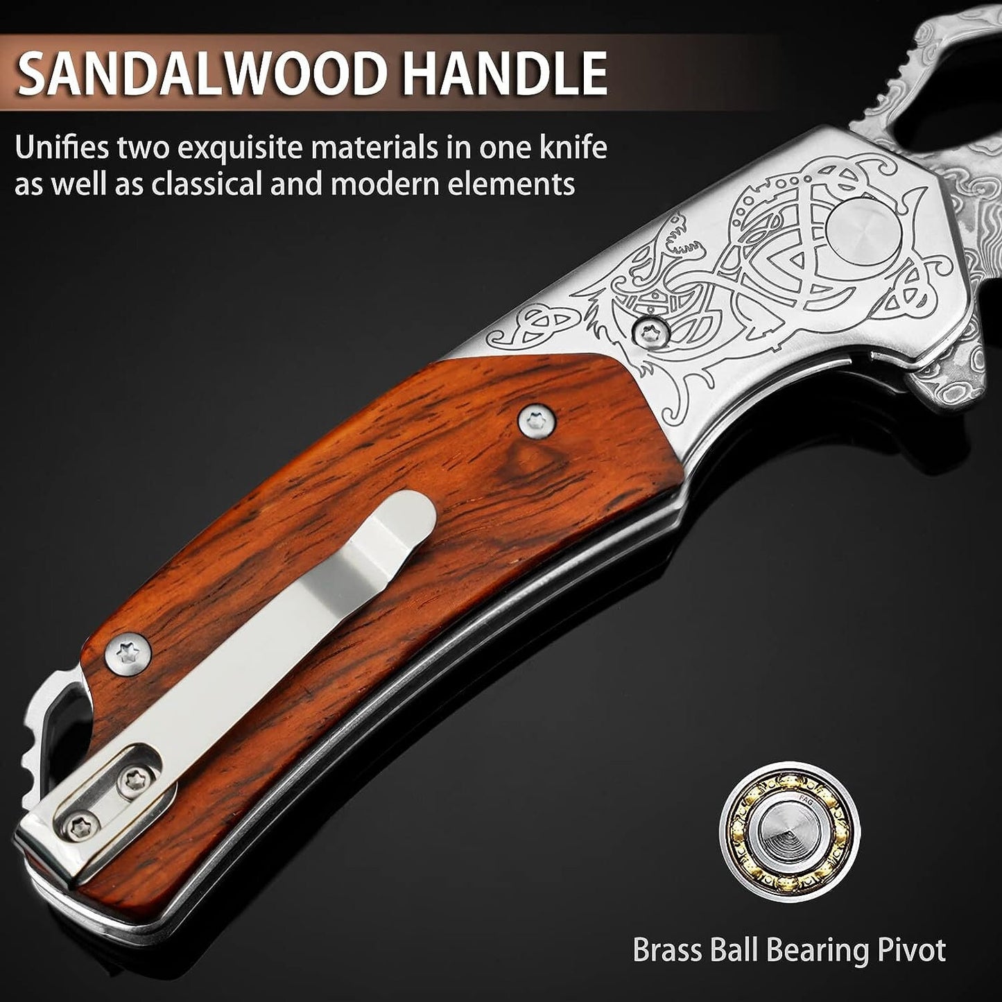 Engraved Damascus Pocket Knife, Personalized Folding Knife, Sandalwood Handle Knife, Wedding Anniversary Father Husband Dad Gift | NR31