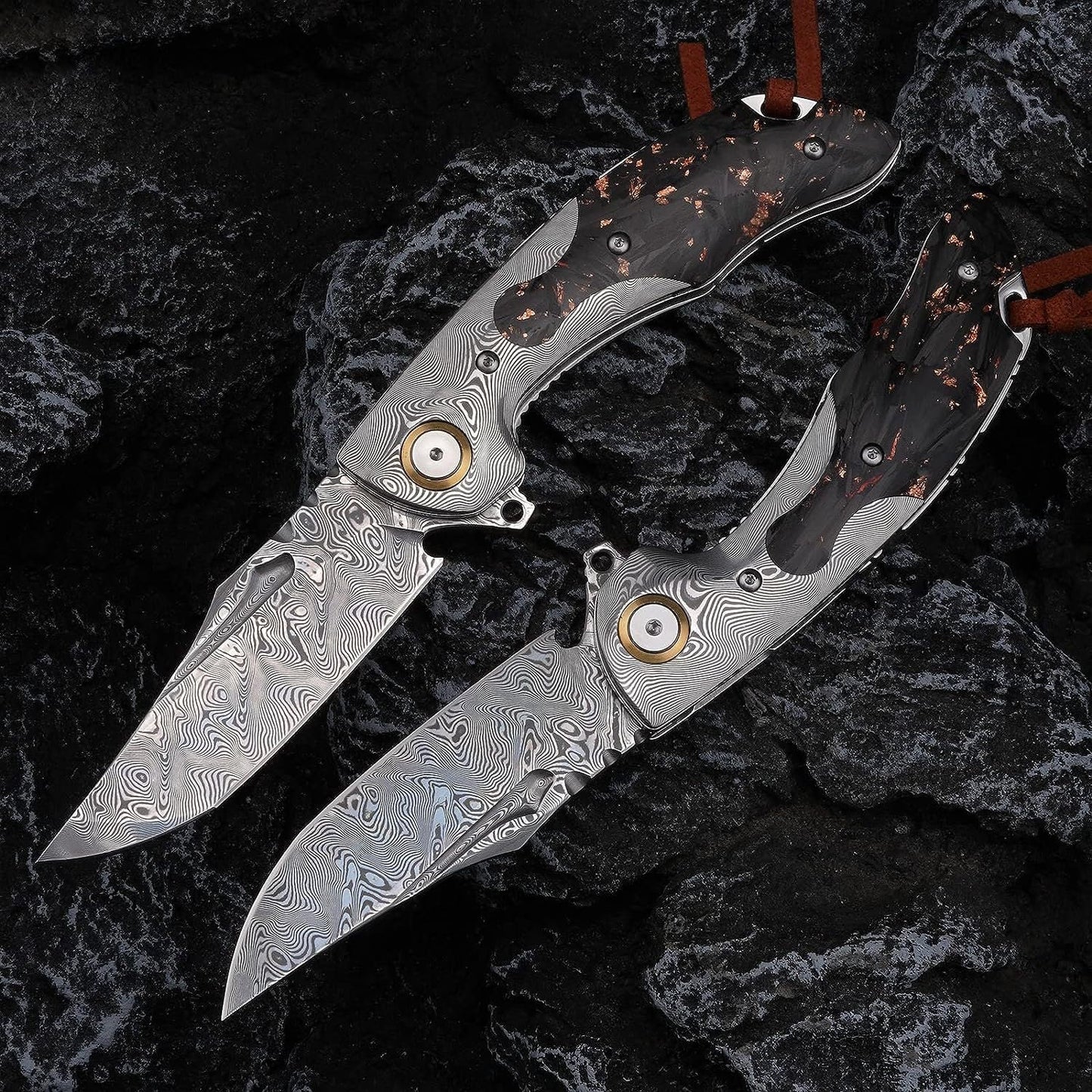 Engraved VG10 Damascus Pocket Knife, Gold Flake Carbon Fiber Handle Folding Knife, Gifts For Him Wedding Anniversary Husband Gift Dad, NR08