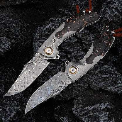 Engraved VG10 Damascus Pocket Knife, Gold Flake Carbon Fiber Handle Folding Knife, Gifts For Him Wedding Anniversary Husband Gift Dad, NR08