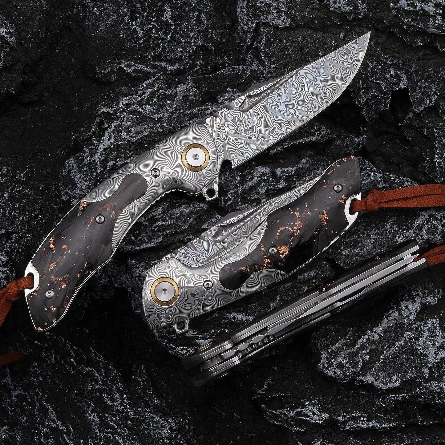 Engraved VG10 Damascus Pocket Knife, Gold Flake Carbon Fiber Handle Folding Knife, Gifts For Him Wedding Anniversary Husband Gift Dad, NR08