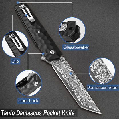 Engraved Damascus Pocket Knife, Personalized Folding Knife, Aluminum Alloy Handle Knife, Wedding Anniversary Father Husband Gift | NR29
