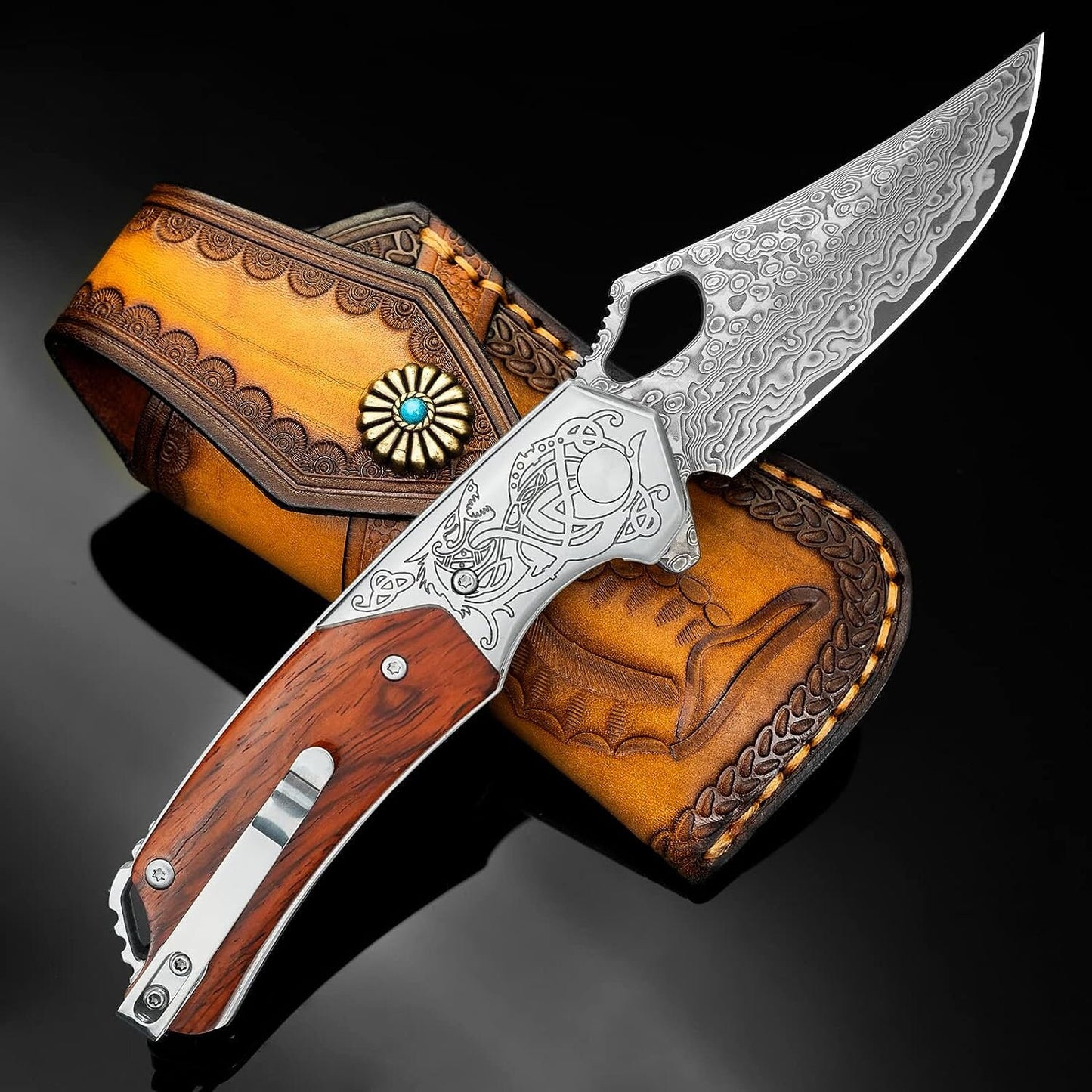Engraved Damascus Pocket Knife, Personalized Folding Knife, Sandalwood Handle Knife, Wedding Anniversary Father Husband Dad Gift | NR31