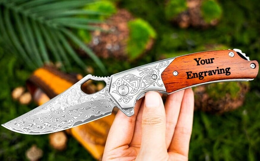 Engraved Damascus Pocket Knife, Personalized Folding Knife, Sandalwood Handle Knife, Wedding Anniversary Father Husband Dad Gift | NR31