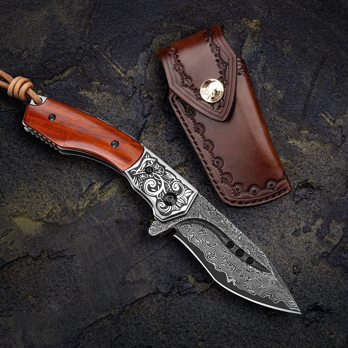 Engraved VG10 Damascus Folding Knife | Personalized Pocket Knife | Rose Wood Handle Knife | Wedding Husband Anniversary Father Gift NR35