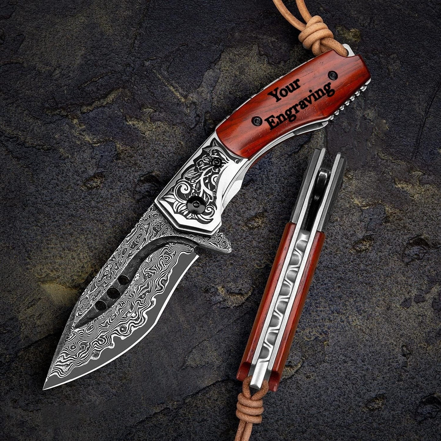 Engraved VG10 Damascus Folding Knife | Personalized Pocket Knife | Rose Wood Handle Knife | Wedding Husband Anniversary Father Gift NR35