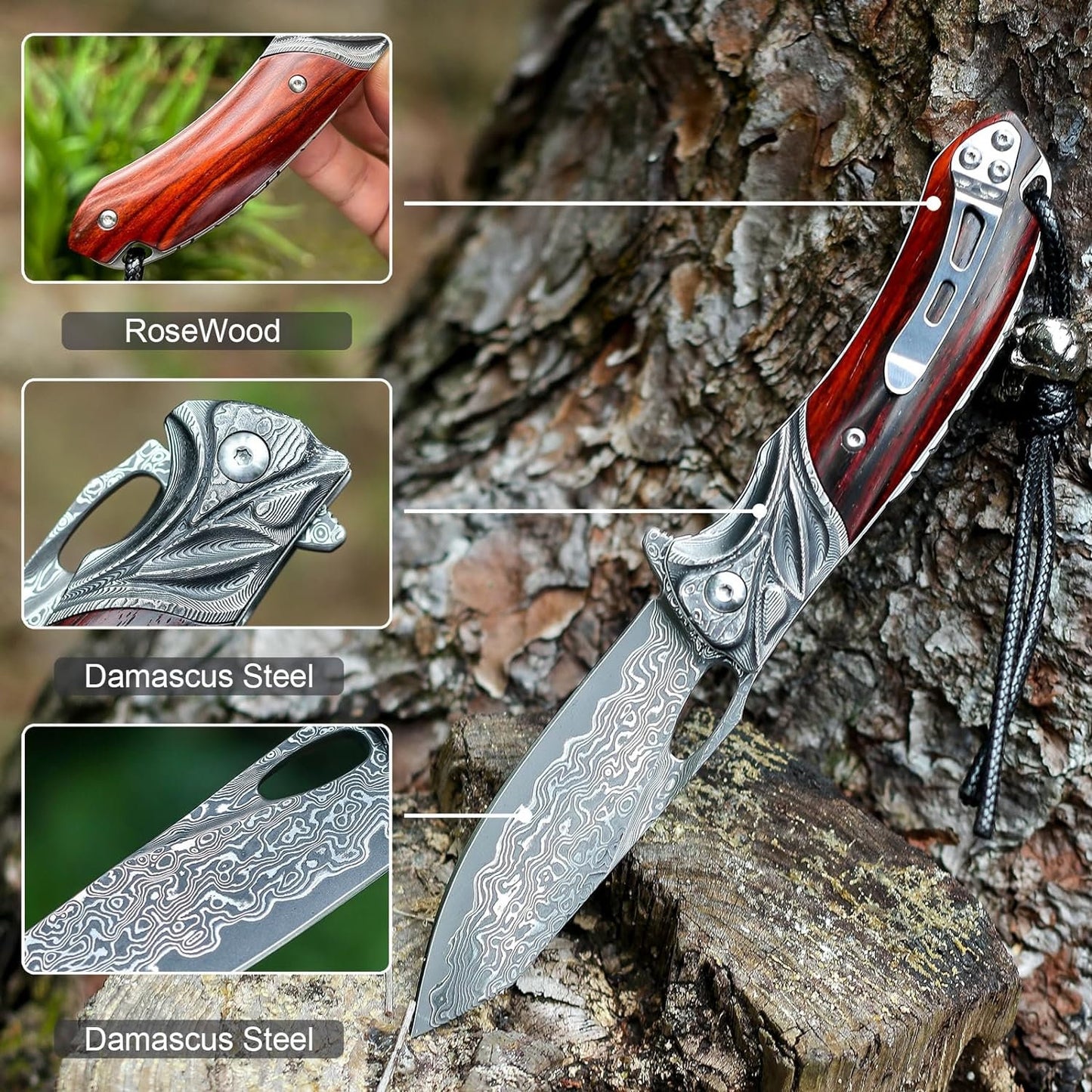 Damascus Folding Pocket Knife Rose Wood Handle