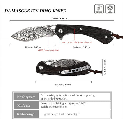 Damascus Pocket Knife Carved Sandalwood Handle