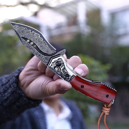 Engraved VG10 Damascus Folding Knife | Personalized Pocket Knife | Rose Wood Handle Knife | Wedding Husband Anniversary Father Gift NR35