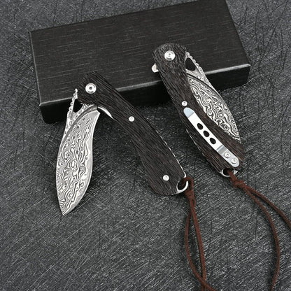 Damascus Pocket Knife Carved Sandalwood Handle