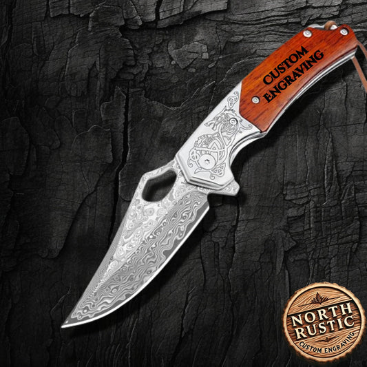 Engraved Damascus Pocket Knife, Personalized Folding Knife, Sandalwood Handle Knife, Wedding Anniversary Father Husband Dad Gift | NR31