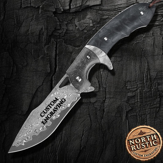 VG10 Damascus Engraved Pocket Knife, Gift For Him Folding Knife, Carbon Fiber Handle, Wedding Anniversary Boyfriend Husband Dad Gift | NR34