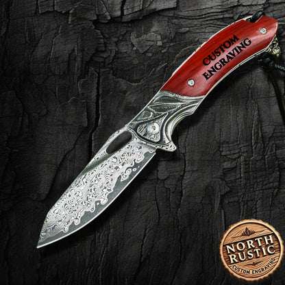 Damascus Folding Pocket Knife Rose Wood Handle