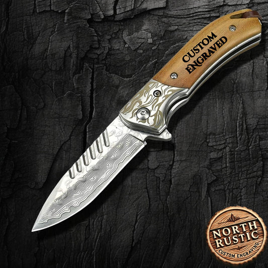 Engraved VG10 Damascus Folding Knife | Personalized Pocket Knife | Rose Wood Handle Knife | Wedding Husband Anniversary Father Gift | VP116