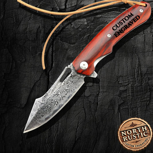 Engraved VG10 Damascus Folding Knife | Personalized Pocket Knife | Rose Wood Handle Knife | Wedding Husband Anniversary Father Gift VP13